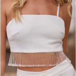 12th Tribe Torrey White Satin Beaded Fringe Crop Top